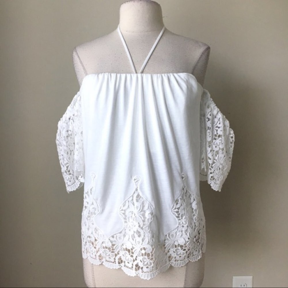 WHBM White Eyelet Lace Halter Off the Shoulder Top